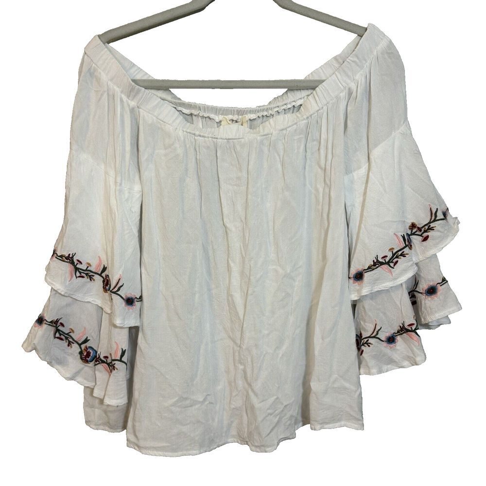 Entro White Floral Embroidered Off the Shoulder Top Size Large Ruffle Sleeve